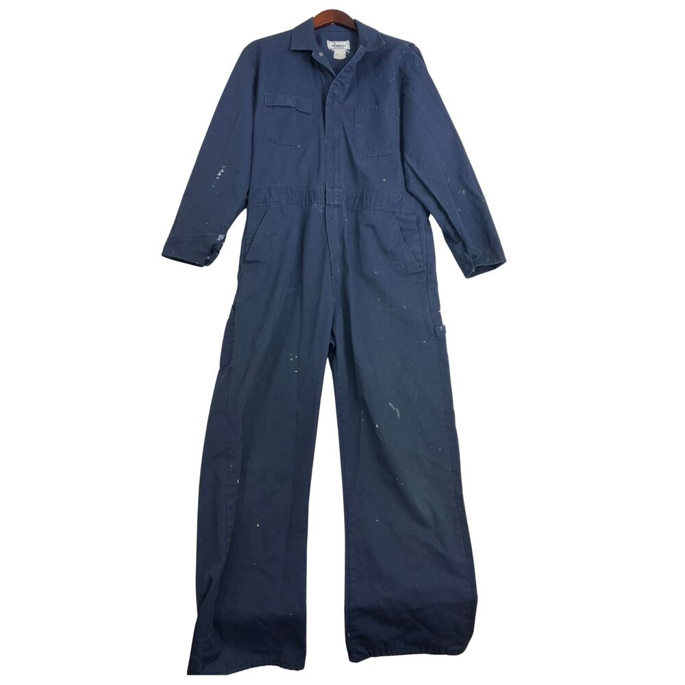 Vintage Roebucks Made in USA Navy Blue Work Coveralls Mechanic Jumpsuit Paint